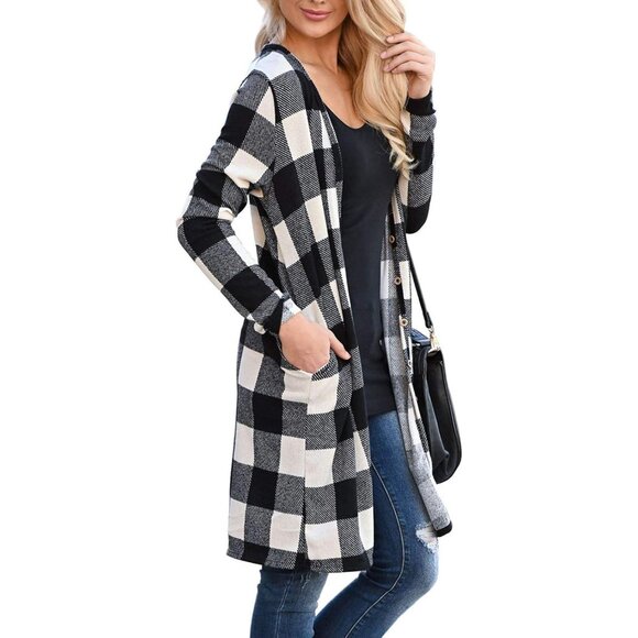 Women's Buffalo Plaid Open Front Cardigan Knit Long Sleeve V Neck - Picture 2 of 5